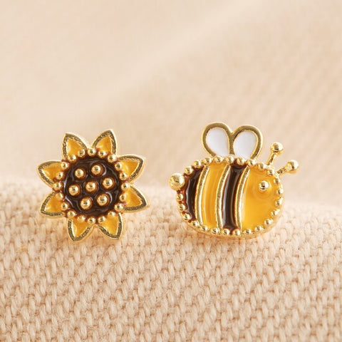 Mismatched Enamel Bee and Sunflower Stud Earrings